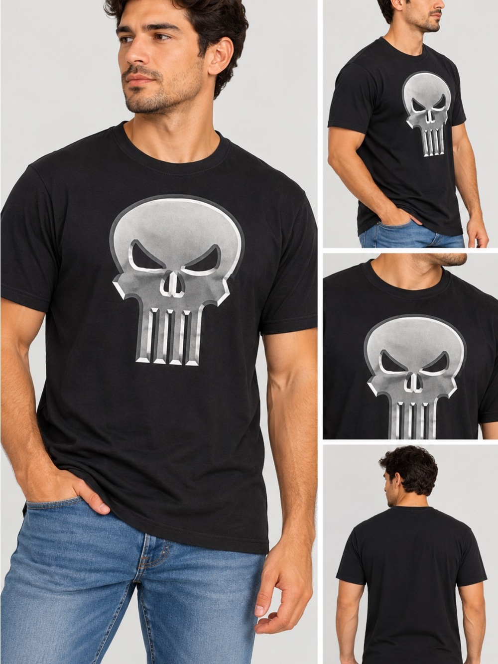 Marvel Black Tee with Silver Punisher Skull Graphic